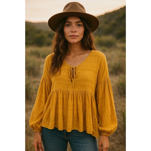 Free People Tops - Free People Mustard Peasant Blouse Top – Boho Textured Gauze – Size L